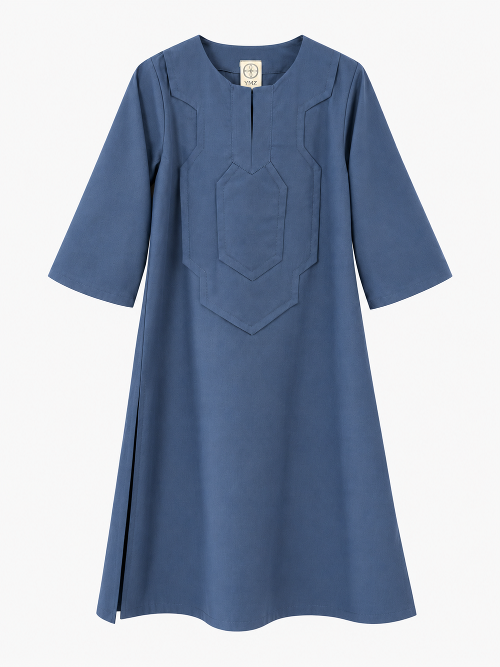 A slate blue kaftan dress with three-quarter sleeves and a decorative stitched chest panel, shown against a plain white background.
