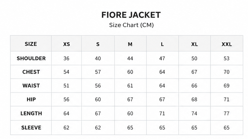 Size chart for Fiore Jacket