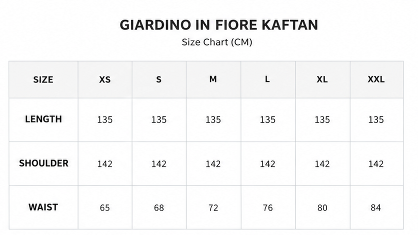 Size chart for Giardino in Fiore Kaftan