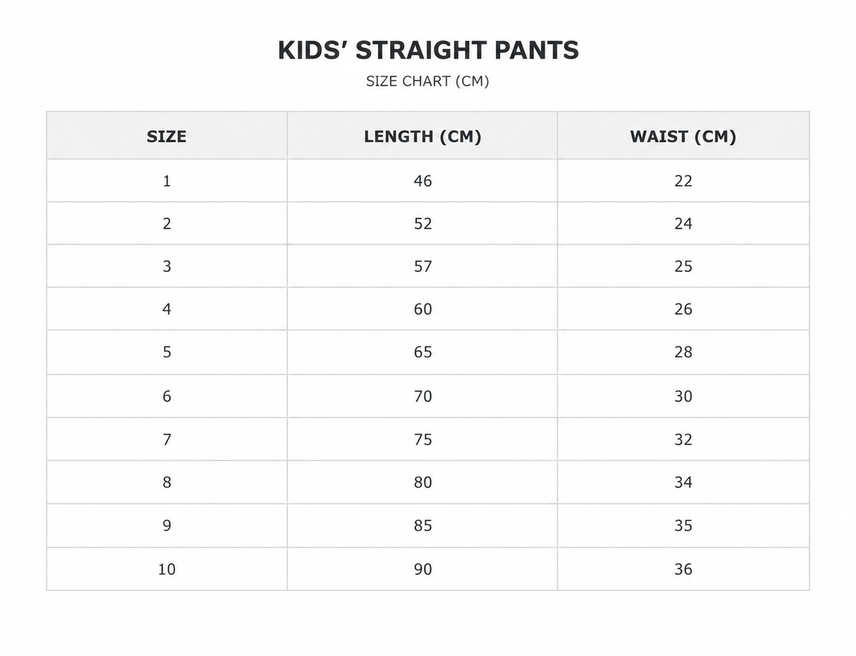 Size chart for Gradient Pocket Pants