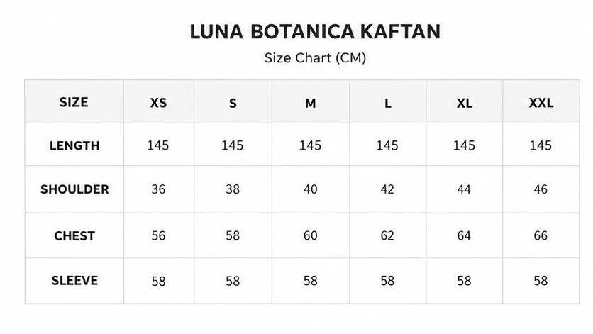 Size chart for Luna Botanical Kaftan