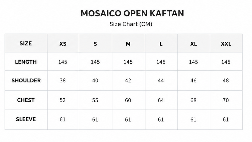 Size chart for Mosaico Open Kaftan