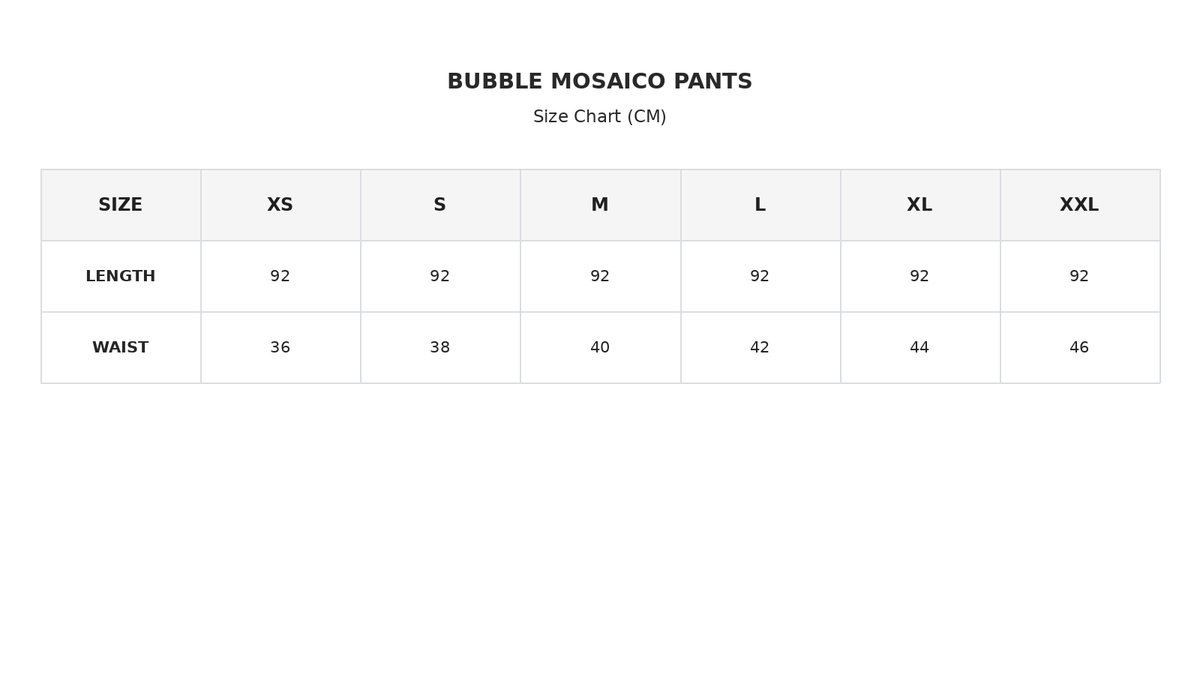 Size chart for Balloon Mosaico Pants