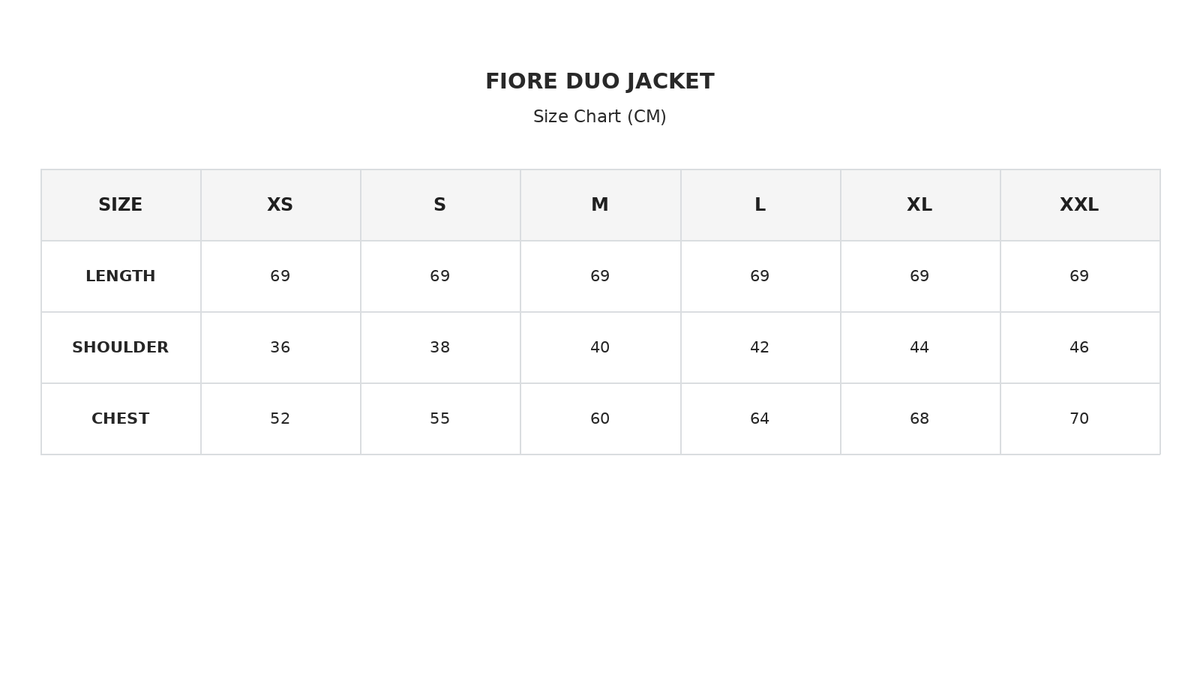 Size chart for Fiore Duo Jacket