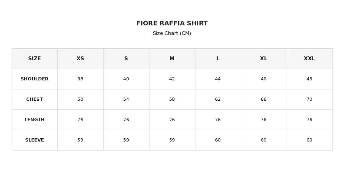 Size chart for Fiore Raffia Shirt