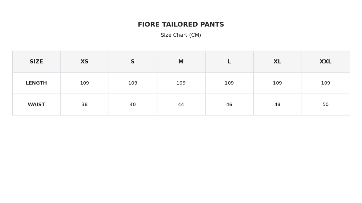 Size chart for Fiore Tailored Pants