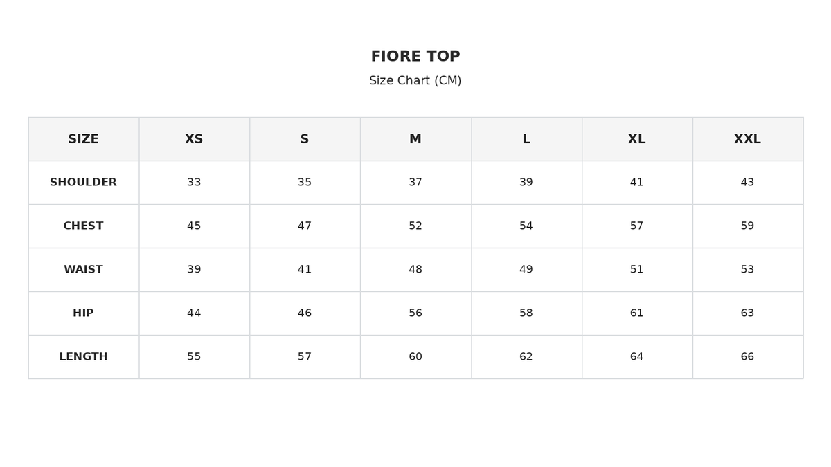 Size chart for Fiore Top