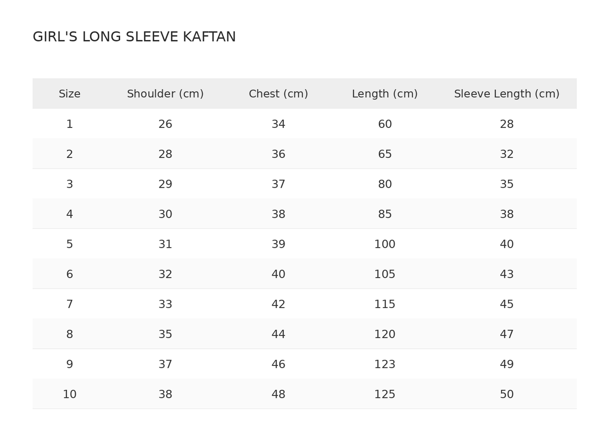 Size chart for Kids Mosaic Panel Kaftan