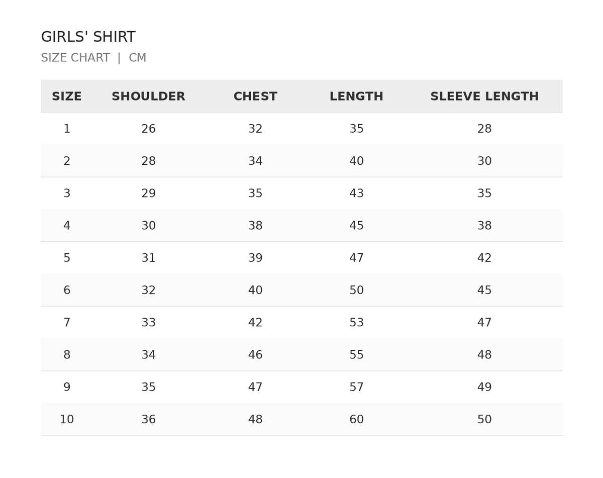 Size chart for Fiore Raffia Girls Shirt
