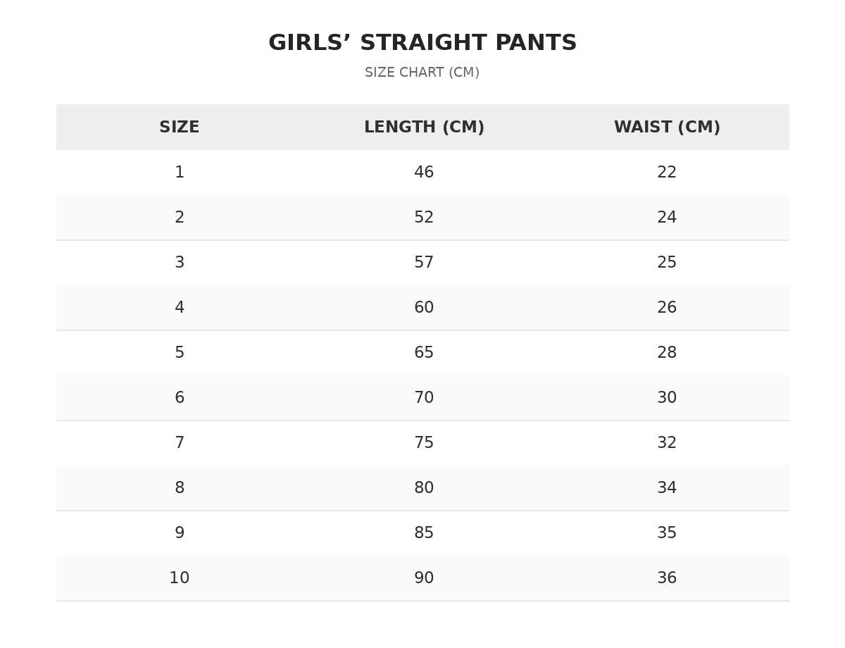 Size chart for Raffia Fiore Girls Pants
