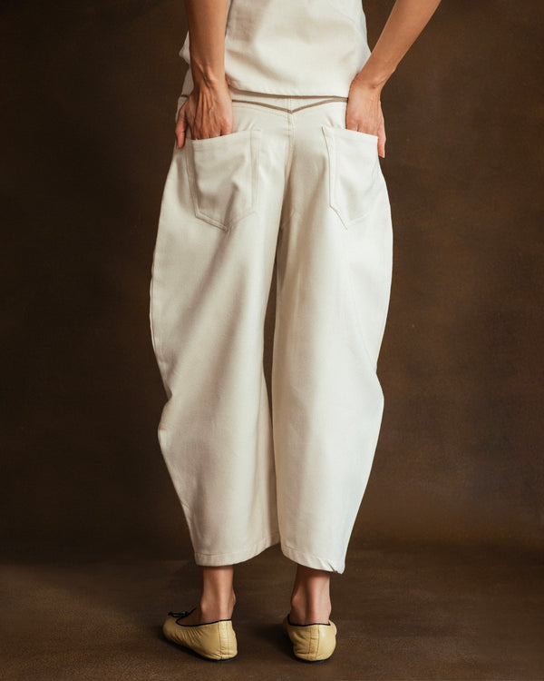 Back view of cream wool-blend Mosaico Bubble Pants showing the relaxed bubble silhouette.