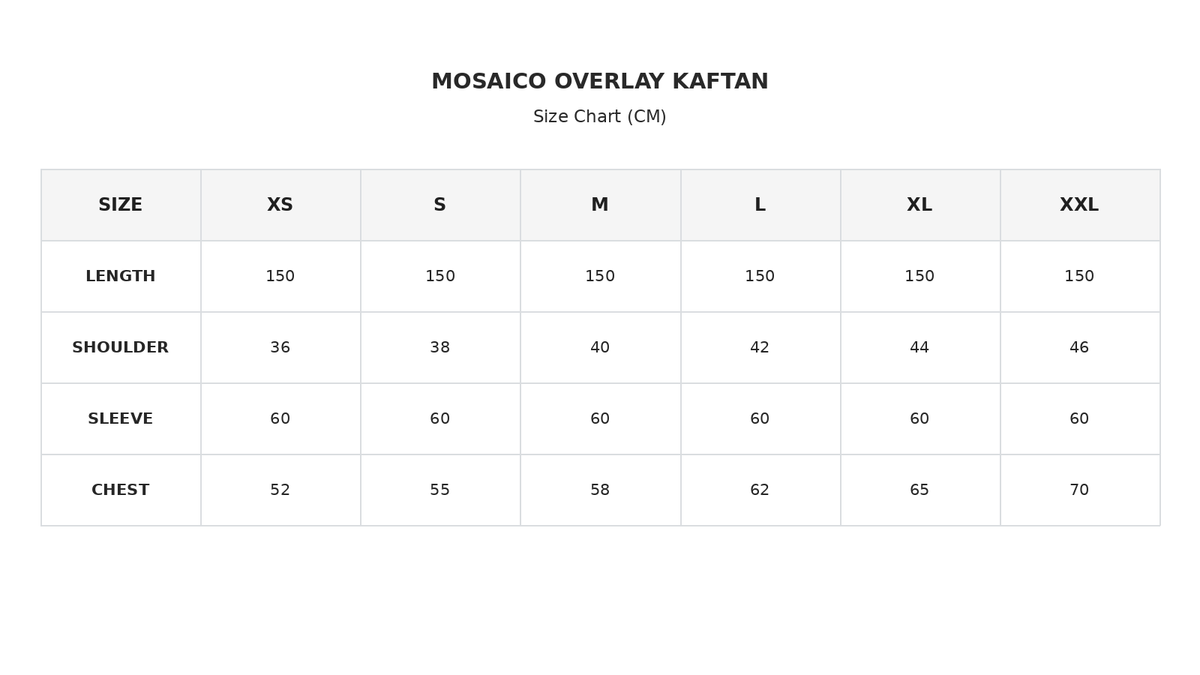 Size chart for Burgundy Mosaic Overlay Kaftan