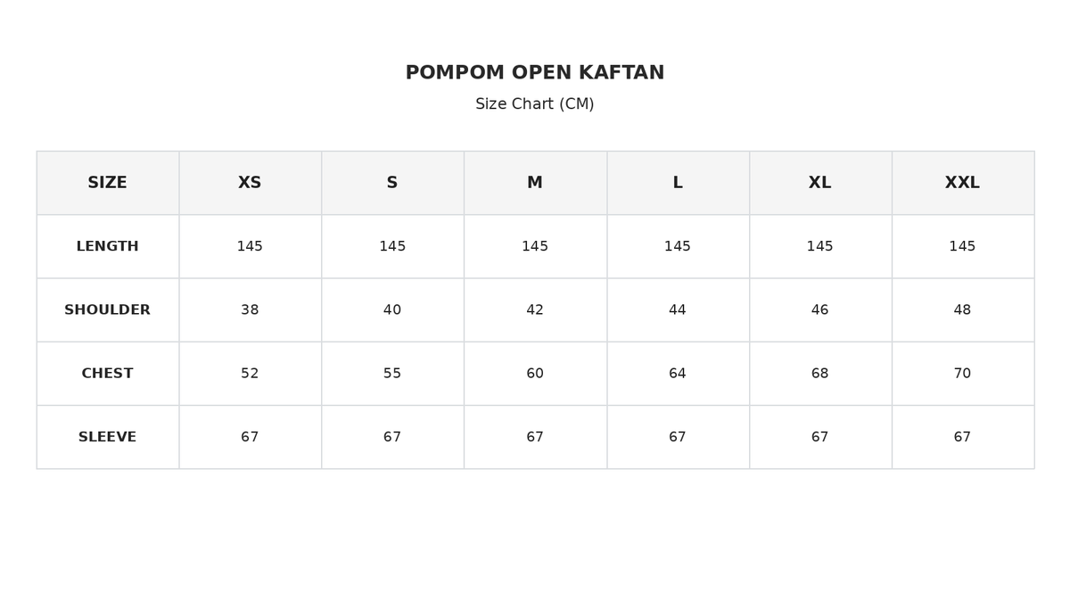 Size chart for PomPom Open Katan