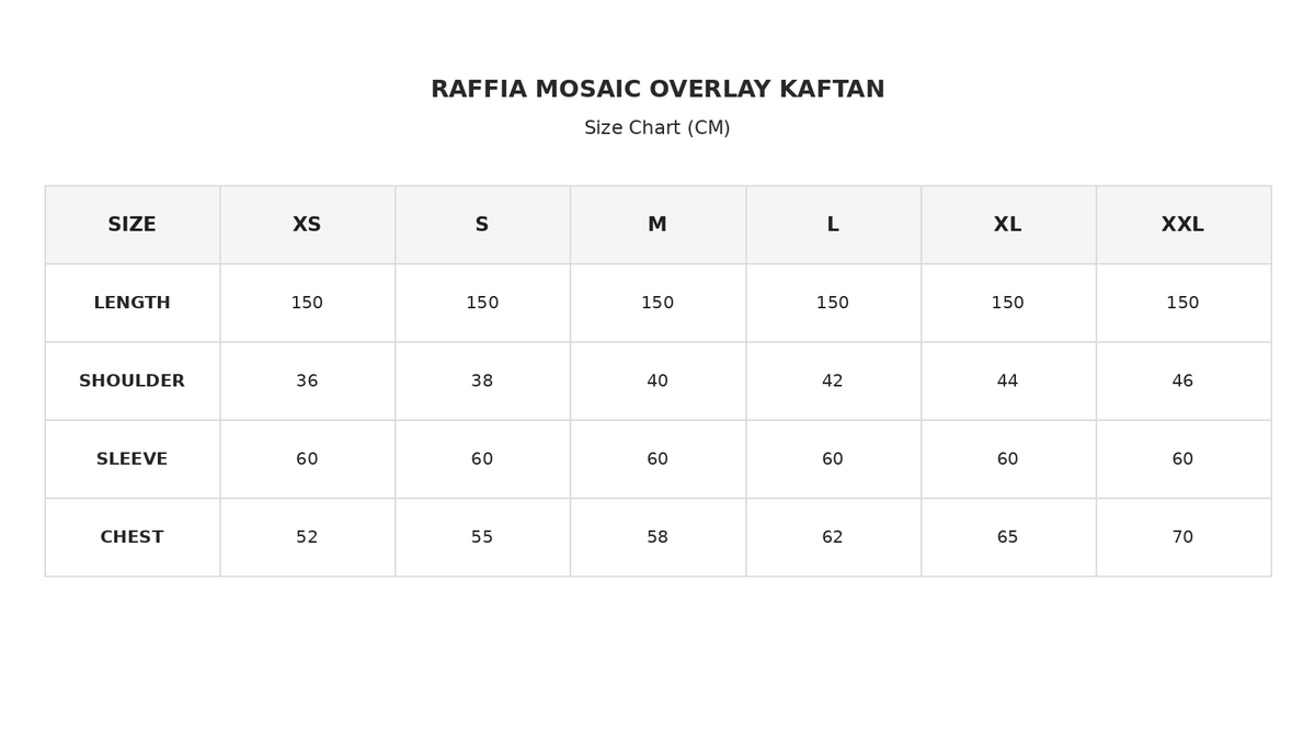Size chart for Raffia Mosaic Overlay Kaftan