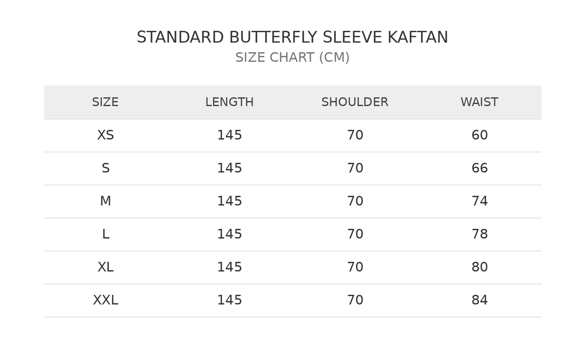 Size chart for Fiore Overlay Kaftan