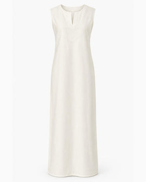 An off-white sleeveless maxi dress with a split V-neckline, shown against a plain white background.