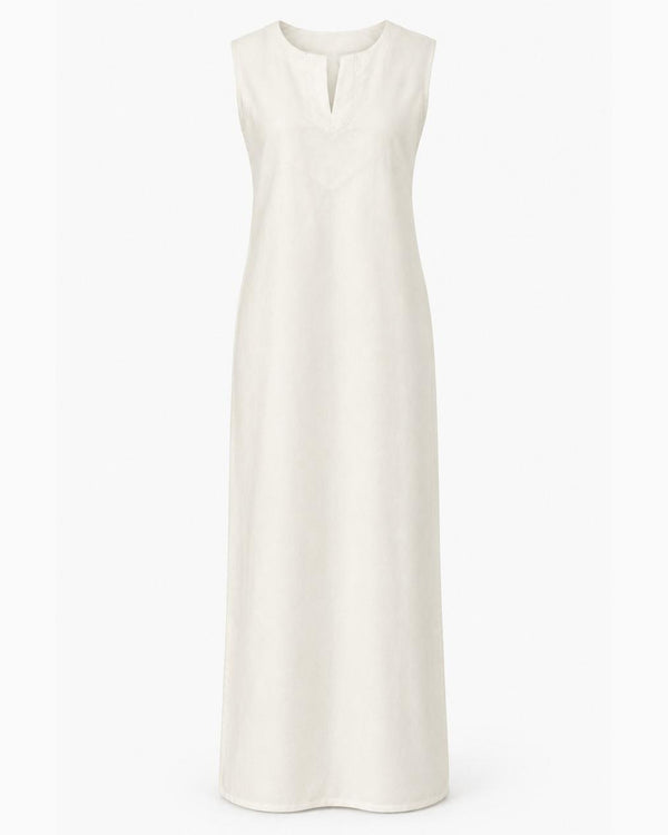An off-white sleeveless maxi dress with a split V-neckline, shown against a plain white background.